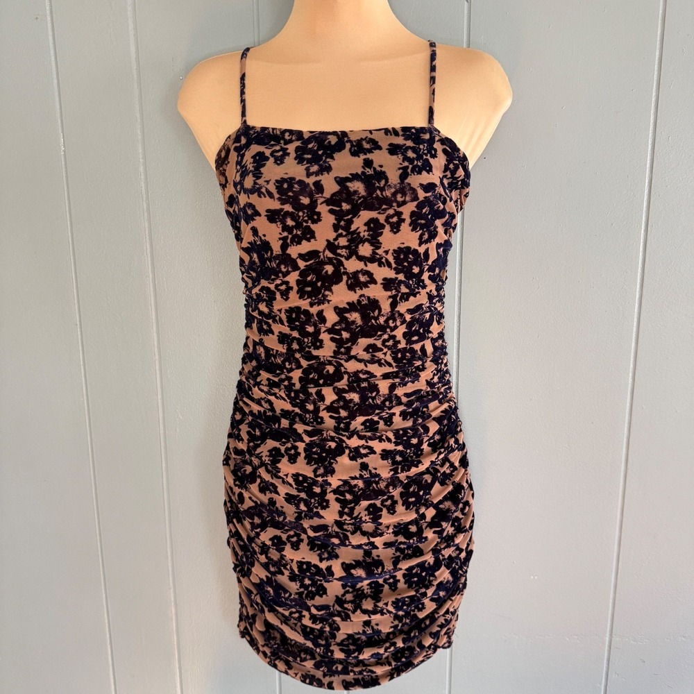 Dark Floral Velvet Burnout Flocked‎ Bodycon Mini Dress M coquette whimsigoth Y2K